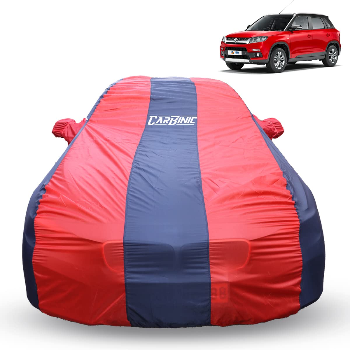 CARBINIC Car Body Cover for Maruti Brezza 2022: Water Resistant, UV Protection, Scratchproof, Dustproof, All-Weather, Blue Red.