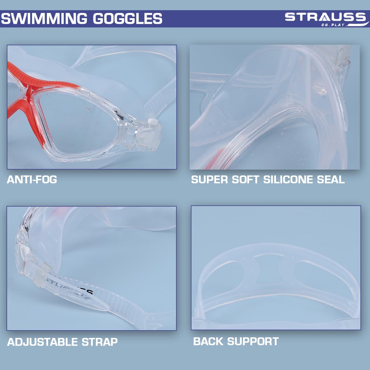 STRAUSS Swimming Goggles  Anti Fog  UV Protection  Swimming Goggles for Kids Adults  Fully Adjustable Swimming Goggles with A Case CoverRed