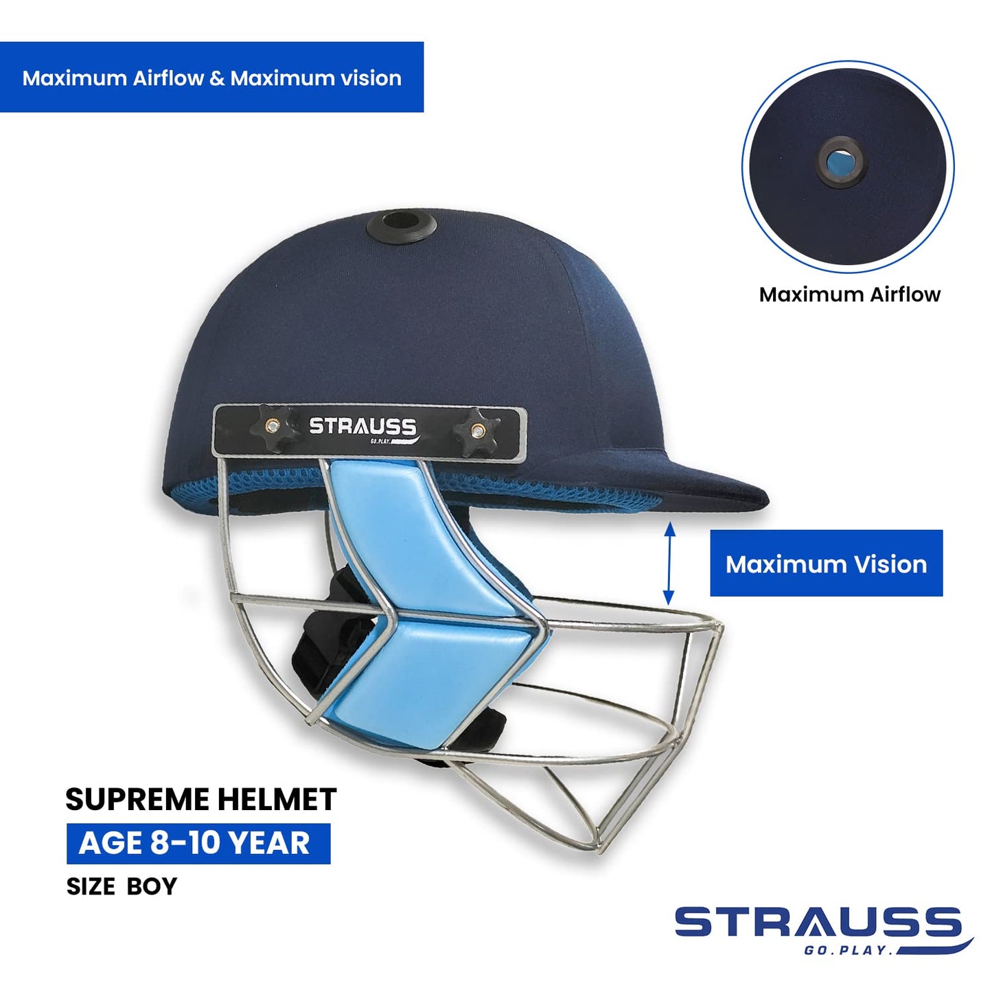 Strauss Supreme Cricket Helmet, Detachable Steel Grill, Lightweight, Adjustable Straps, Ventilated, Boys Age 8-10