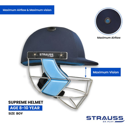 Strauss Supreme Cricket Helmet, Detachable Steel Grill, Lightweight, Adjustable Straps, Ventilated, Boys Age 8-10