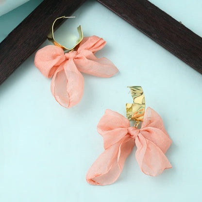 Yellow Chimes Earrings For Women Pink Colored Cloth Woven Bow Shaped Hoop Earrings For Women and Girls