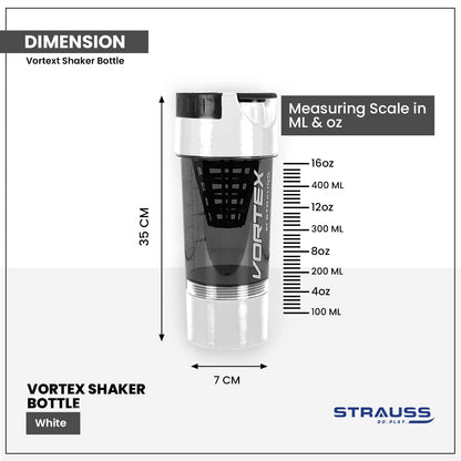 STRAUSS Vortex Shaker Bottle, 500ml, BPA-Free, Leakproof, with 2 Storage Compartments. Ideal for Protein Shakes, Pre-Workout, BCAAs.