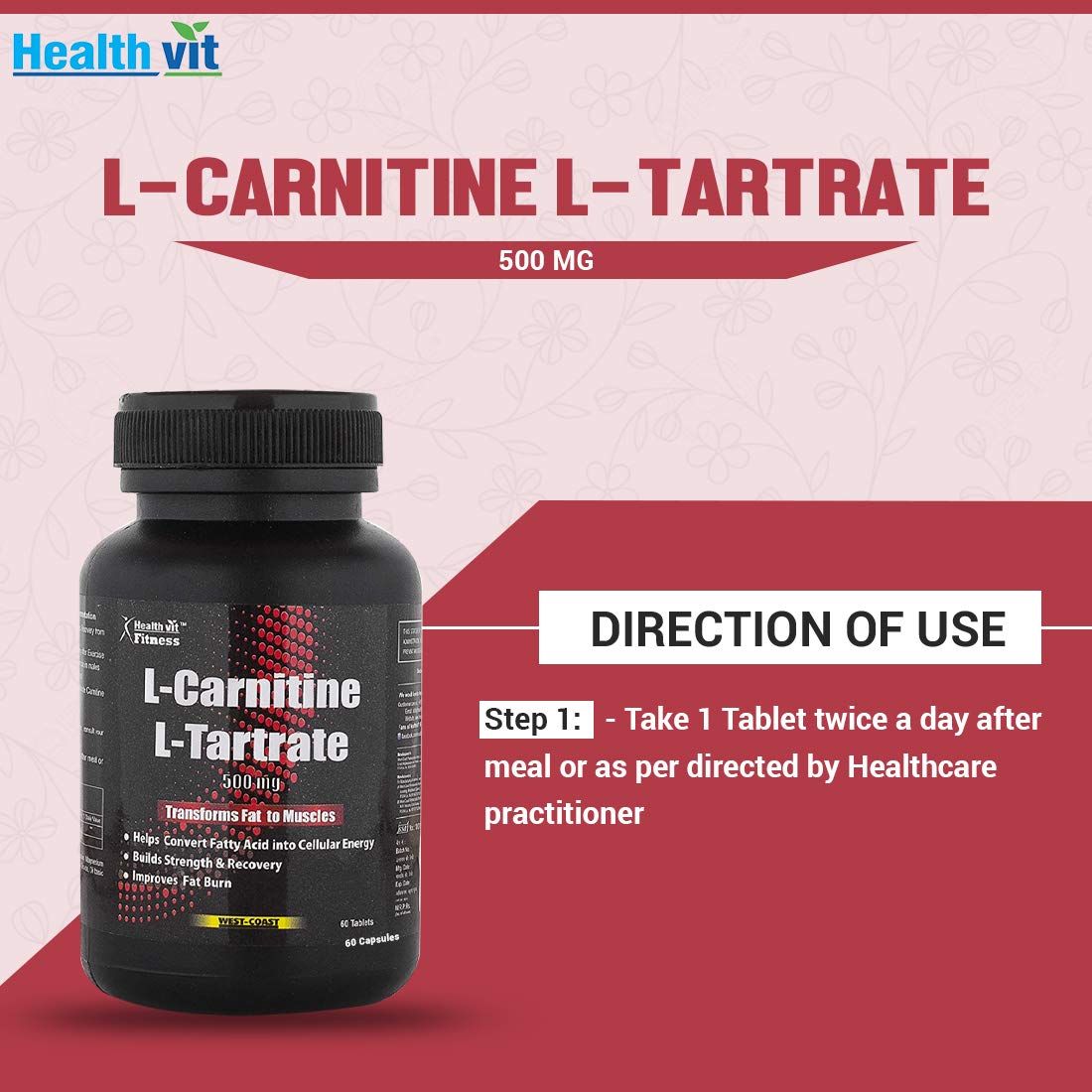 Healthvit L-Carnitine L-Tartrate 500 mg  Weight Loss Supplement Fat Burner Muscle Recovery Pre  Post workout Supplement - 60 Tablets