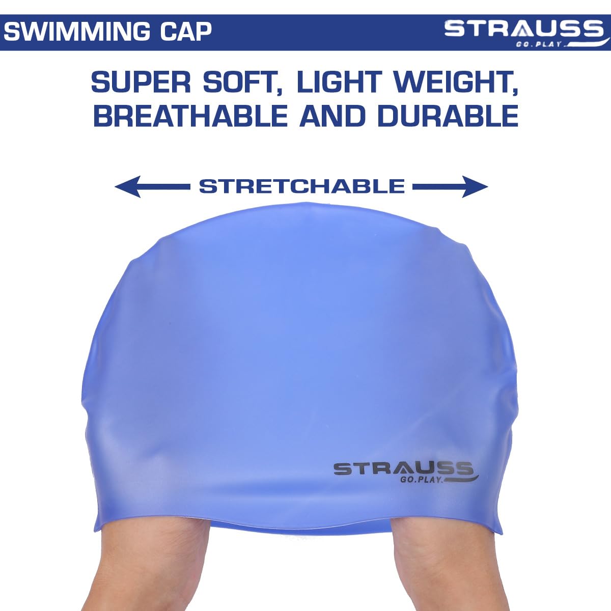 Strauss Waterproof Swim Cap with Ear Protector for Long/Short Hair, Breathable Fabric, for Adult Women and Men, Blue.