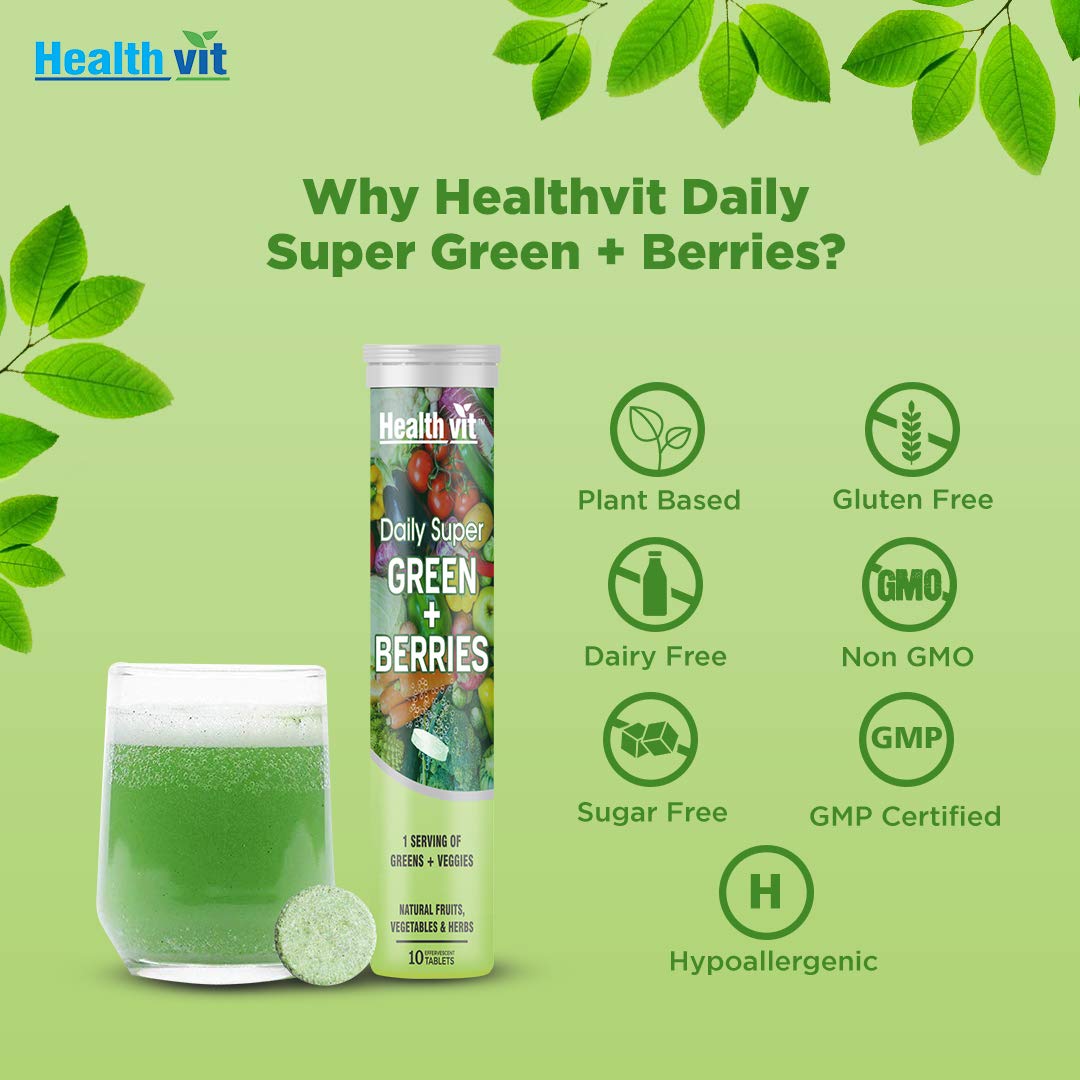 Healthvit Daily Super Green Berries Multivitamin with D3, Zinc, B6, B12, Iron for Immunity, Detox, Antioxidants - 10 Effervescent Tablets