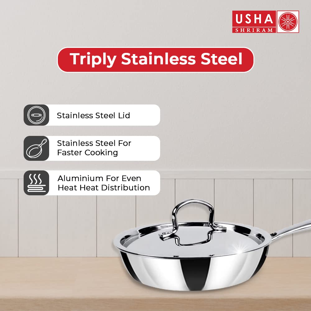 USHA SHRIRAM 1.5L Triply Stainless Steel Frying Pan with Lid, Stove & Induction Cookware, Heat Surround, Easy Grip Handles