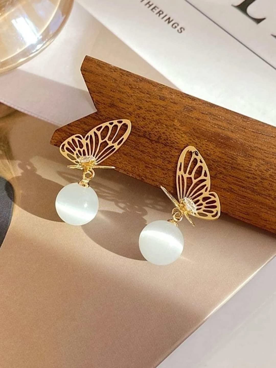 Yellow Chimes Earrings For Women Gold Tone Butterfly Stud With White Pearl Hanging Drop Earrings For Women and Girls