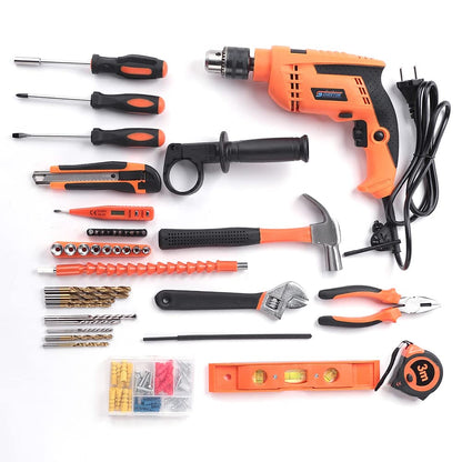 Cheston 13mm 750W Power Drill Kit: Impact Drill, Hammer, Wrench, Plier, Cutter, Spirit Level, Tape, Screwdriver, 43-Piece Tool Kit.