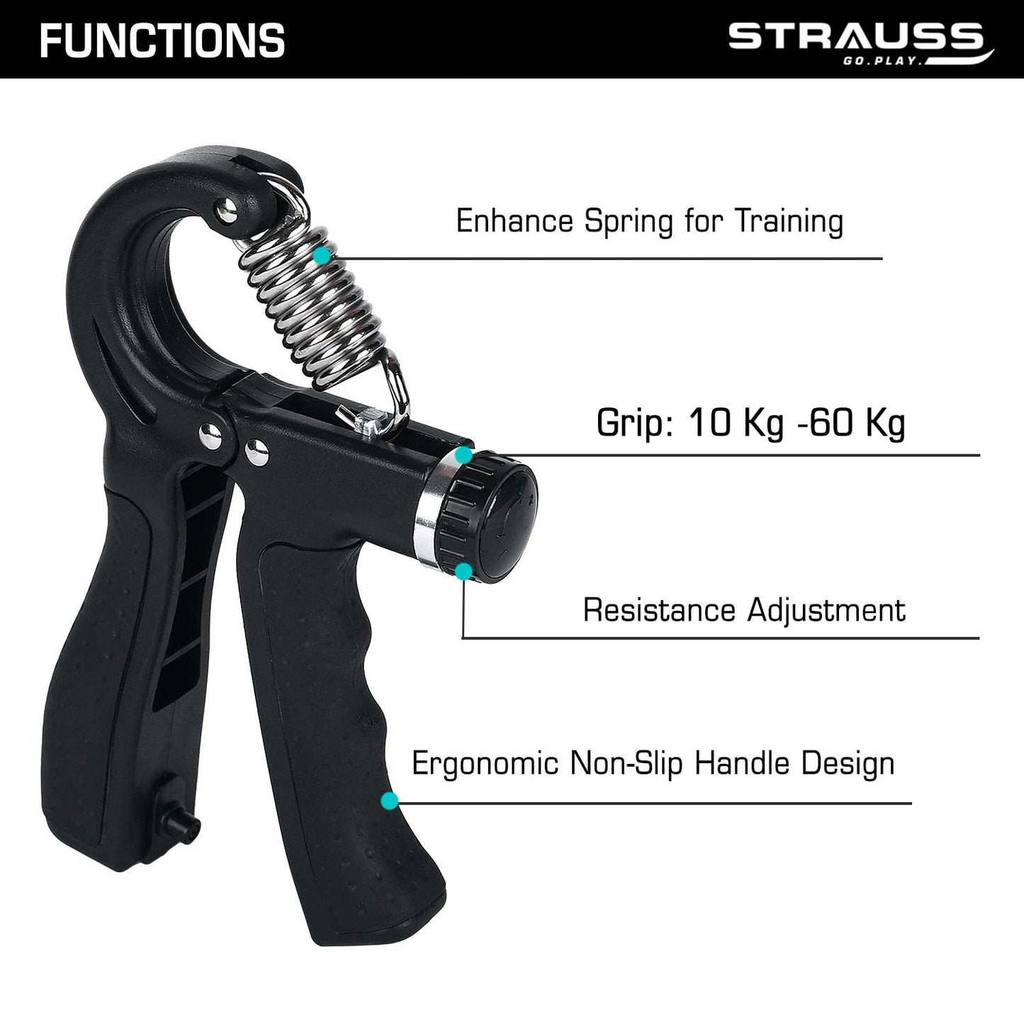 Strauss Adjustable Hand Grip with Counter, 5KG-60KG Resistance, Ideal for Forearm & Hand Exercises, Strength Building for Men & Women, Black