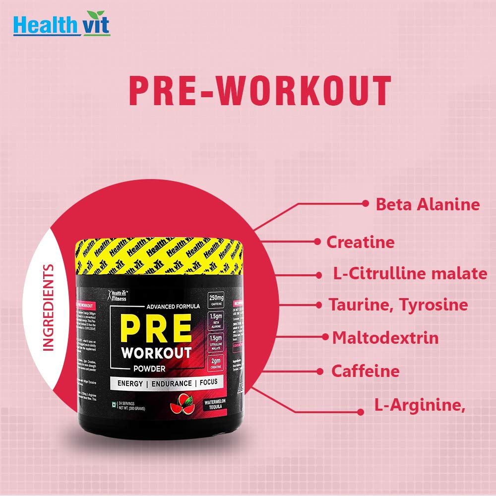 Healthvit Fitness Pre-Workout Explosive Energy 300gm Powder Watermelon Tequila Flavour