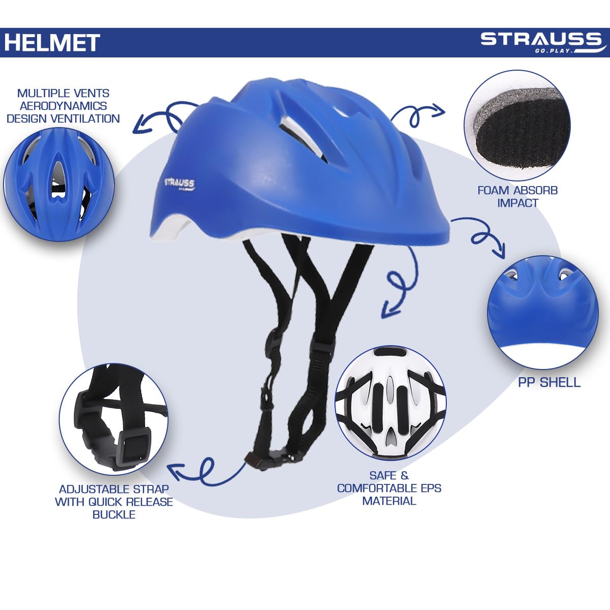 Strauss GlideX Cycling Helmet, Lightweight, Superior Ventilation, EPS Foam Lining, for Adults & Kids, Blue.