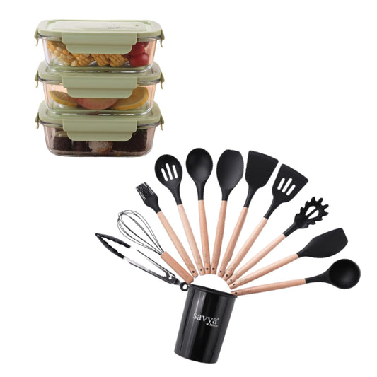 Better Home 1000ml Jars (6 Pack), Savya 12-Pcs Black Silicone Utensils Set, 3 Storage Containers.