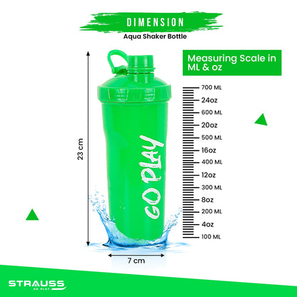 STRAUSS Aqua Shaker Bottle, 700ml, BPA-Free, Leakproof, Ideal for Protein Shakes, Pre/Post Workout, Men & Women, Fluorescent Green