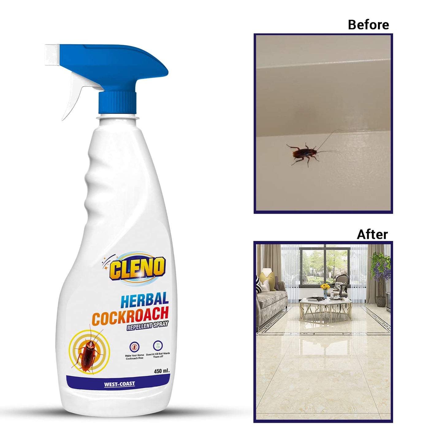 Cleno Herbal Cockroach Repellent Spray  Cockroach Room Spray  Completely Herbal  Cockroach Repellent Spray -450 ml Pack of 3 Ready to Use
