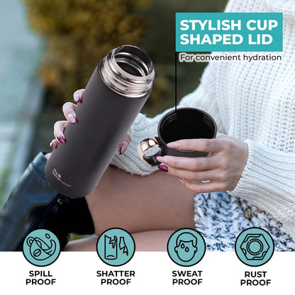 The Better Home 500ml Insulated Flask with Cup, Leak & Rust Proof, 6 Hours Hot/Cold, Black Stainless Steel.