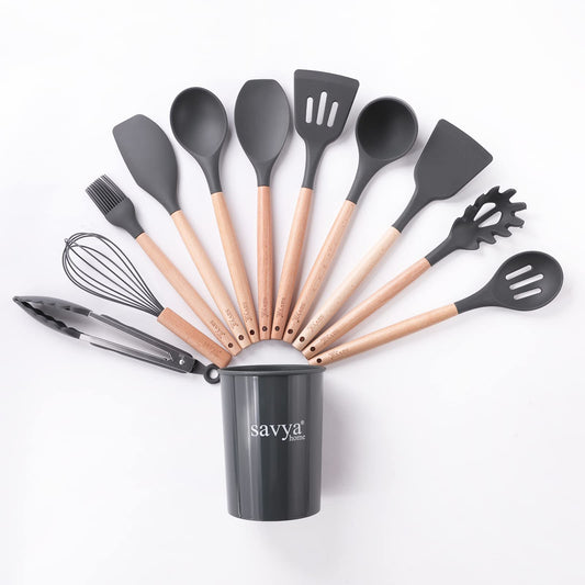 SAVYA HOME BPA-Free Silicon Spatula Set, Non-Stick, Heat Resistant, Dishwasher Safe, Set of 12, Dark Grey.