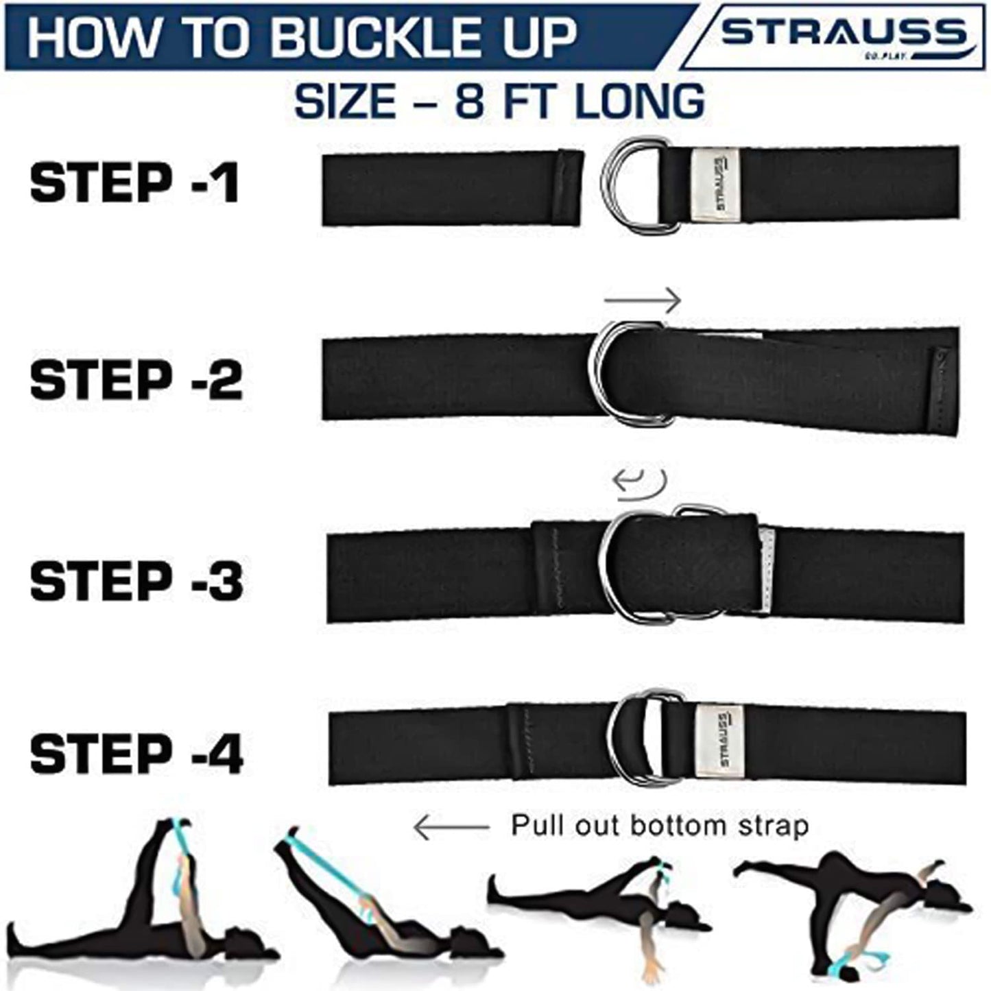 Strauss Yoga Strap: 8ft, thicker belt, adjustable metal D-ring buckle, eco-friendly. Ideal for yoga, pilates, therapy, dance, gymnastics.