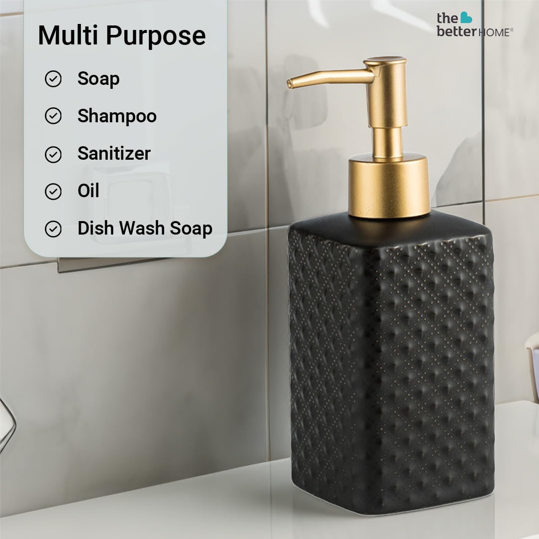 The Better Home 350ml Soap Dispenser Bottle - Black Set of 4 Ceramic Liquid Pump Dispenser for Kitchen Wash-Basin and Bathroom