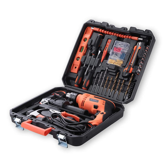 Cheston 13mm 750W Power Drill Kit: Impact Drill, Hammer, Wrench, Plier, Cutter, Spirit Level, Tape, Screwdriver, 43-Piece Tool Kit.