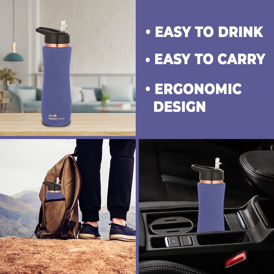 The Better Home Copper Water Bottle with Sipper, 100% Pure, BPA Free, Non-Toxic, Anti-Oxidant Properties, Purple.