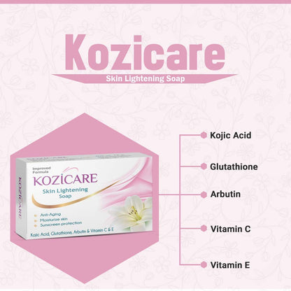 Kozicare Skin Lightening Soap: Kojic Acid, Arbutin, Vitamins C & E, Glutathione, sunscreen, moisturizes, 75g, Pack of 9.