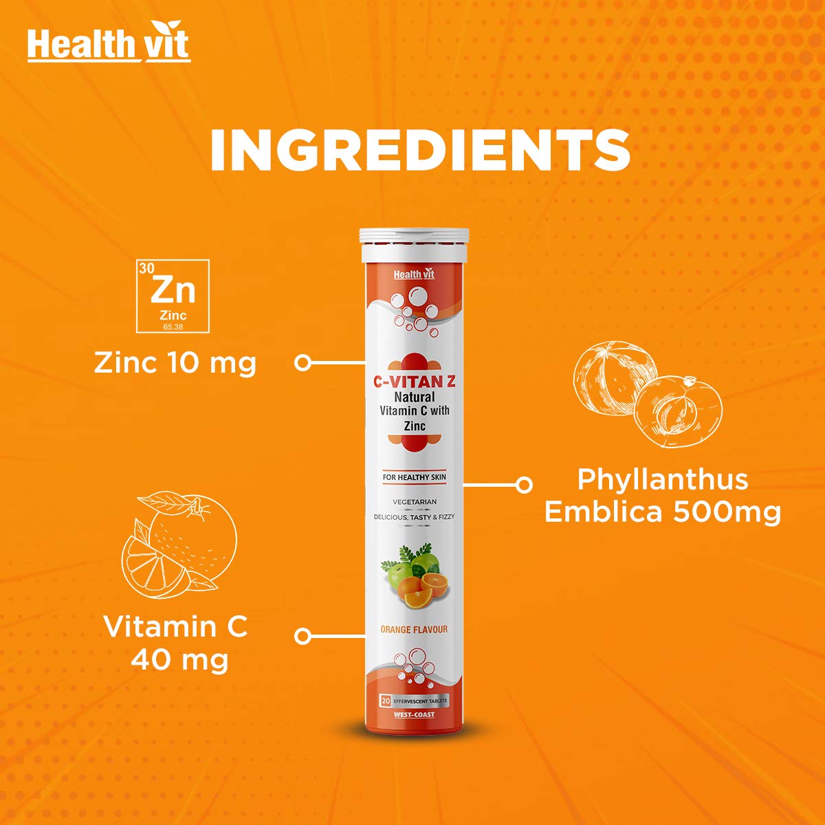 Healthvit C-Vitan-Z: Vitamin C 40mg, Amla 500mg, Zinc. Antioxidant, Immunity, Skin Health. Sugar-Free, 20 Effervescent Orange Tablets.