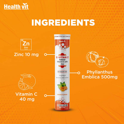 Healthvit C-Vitan-Z: Vitamin C 40mg, Amla 500mg, Zinc. Antioxidant, Immunity, Skin Health. Sugar-Free, 20 Effervescent Orange Tablets.