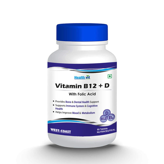 Healthvit Vitamin B12 D with Folic Acid: Bone, Dental, Mood, Metabolism, Cognitive Health Support. Vegan, Non-GMO, 60 Tablets.