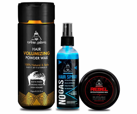 Urbangabru Hair Volumizing Powder wax 10 Gram  Rebel Hair Wax 85 Gram  No Gas Hair Spray 100 ML - Mens Grooming Combo Kit
