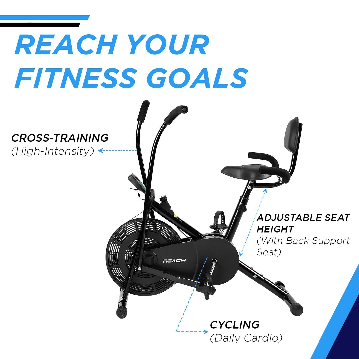 Reach AB 110 BH Exercise Bike: Back Support, Adjustable Resistance, Cushioned Seat, Max User Weight 110 Kg, Home Workout.