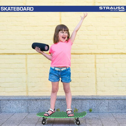 STRAUSS Cruiser Skateboard, ABEC-7 Bearings, PU Wheels with Light, Anti-Skid, 22x6", Checkered Green, Ideal for 8+ Years