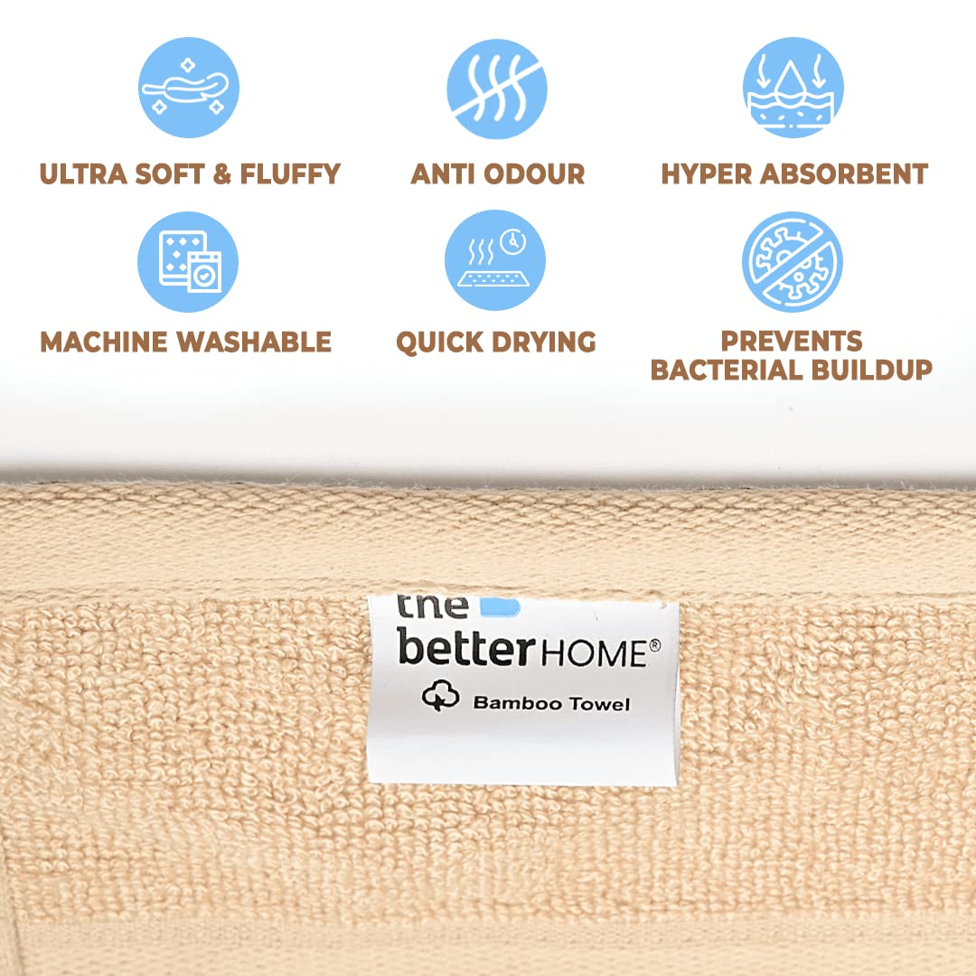 The Better Home 600GSM Bamboo Hand Towel, Anti-Odour, Anti-Bacterial, Ultra Absorbent, Quick Drying, Pack of 3 Beige.