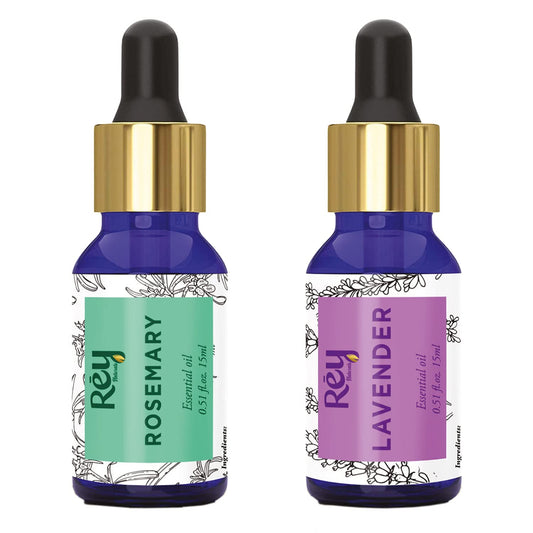 Rey Naturals Lavender & Rosemary Essential Oils for Hair, Skin, Face, Body, Aromatherapy, Stress Relief, Sleep - 15ml