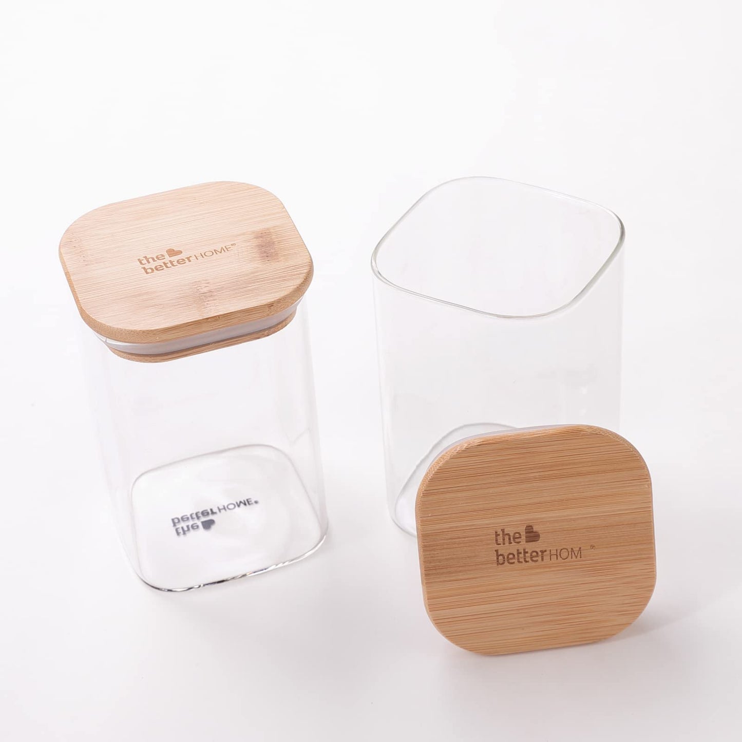 The Better Home 2 Kitchen Containers Set with Bamboo Lid, Rectangular Transparent Airtight Borosilicate Glass Jars, 600 ml Each.