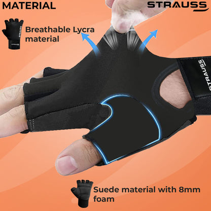 STRAUSS Suede Gym Gloves for Weightlifting, Cycling, Exercise. Half Finger, 8mm Foam Cushioning, Anti-Slip, Breathable Lycra, Black, XL.