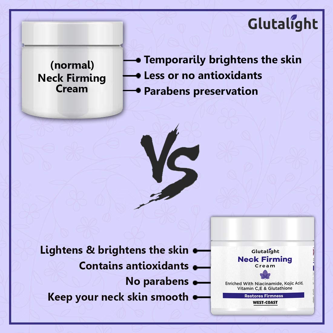 Glutalight Neck Firming Cream: Glutathione, Vitamin C, Vitamin E, Niacinamide, Kojic Acid. Evens and brightens skin tone - 50gm.