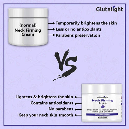 Glutalight Neck Firming Cream: Glutathione, Vitamin C, Vitamin E, Niacinamide, Kojic Acid. Evens and brightens skin tone - 50gm.