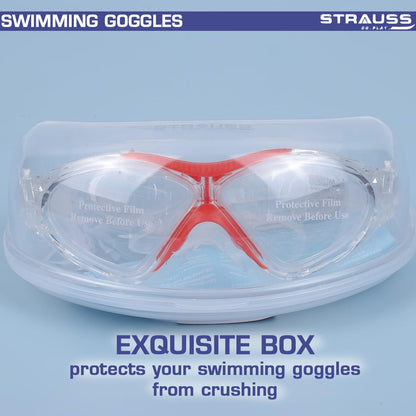 STRAUSS Swimming Goggles  Anti Fog  UV Protection  Swimming Goggles for Kids Adults  Fully Adjustable Swimming Goggles with A Case CoverRed