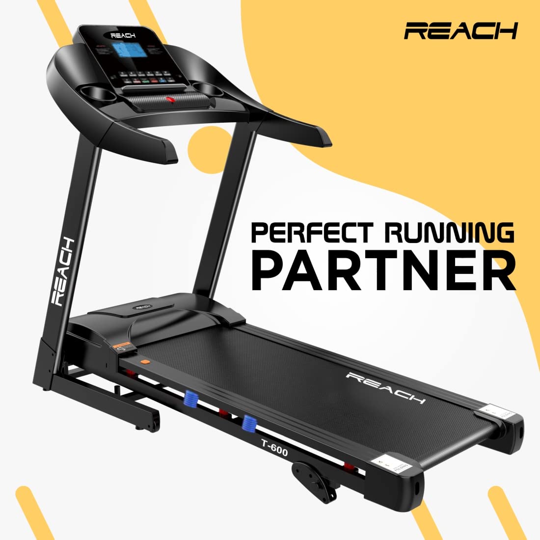 Reach T-600 Treadmill: 5 HP, Auto Incline, LCD, 12 Programs, Foldable, Bluetooth, 14 km/h, Max User Weight 130kg.