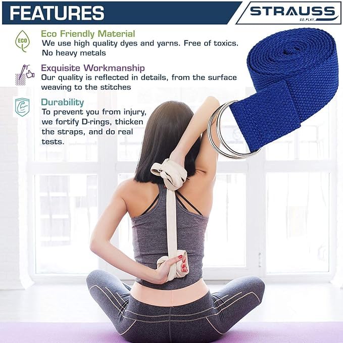 Strauss Yoga Strap, 8ft, Blue, Pack of 24. Ideal for Yoga, Pilates, Therapy, Dance, Gymnastics. Thicker Belt, Adjustable Metal D-Ring Buckle.