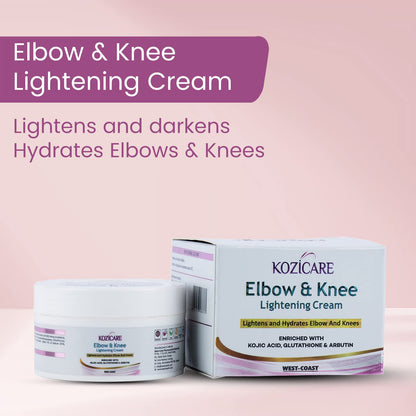 Kozicare Elbow & Knee Lightening Cream: Glutathione, Arbutin, Kojic Acid. Improves texture, hydrates, softens, eliminates patchy skin - 50gm.