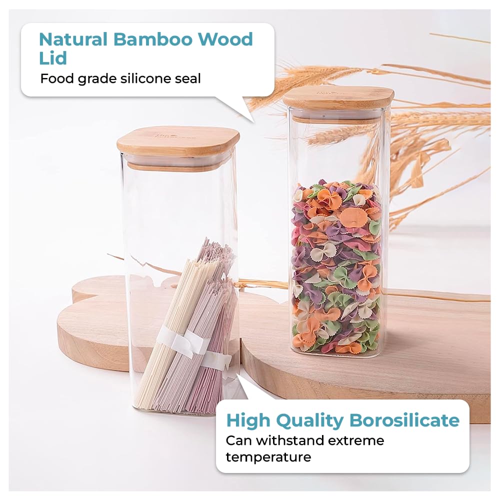 The Better Home 6 Kitchen Accessories Set: Rectangular Airtight Borosilicate Glass Jars with Bamboo Lids, 600ml each for Cookies, Snacks, Tea, Coffee, Sugar.