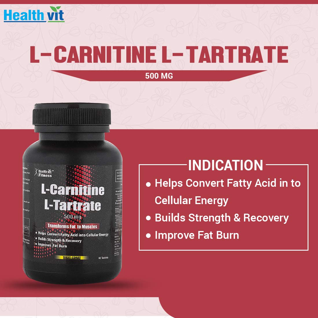 Healthvit L-Carnitine L-Tartrate 500 mg  Weight Loss Supplement Fat Burner Muscle Recovery Pre  Post workout Supplement - 60 Tablets