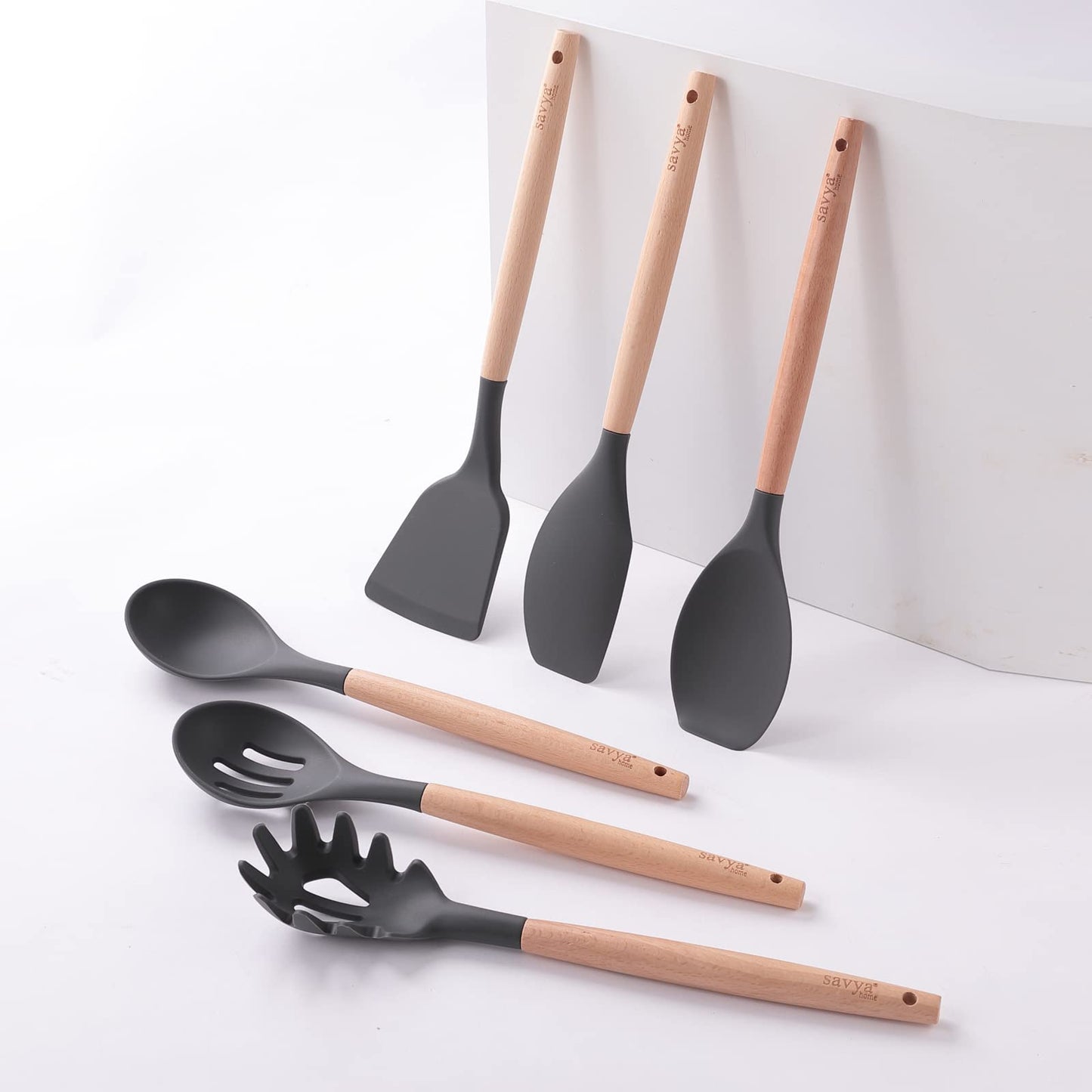 SAVYA HOME BPA-Free Silicon Spatula Set, Non-Stick, Heat Resistant, Dishwasher Safe, Set of 12, Dark Grey.