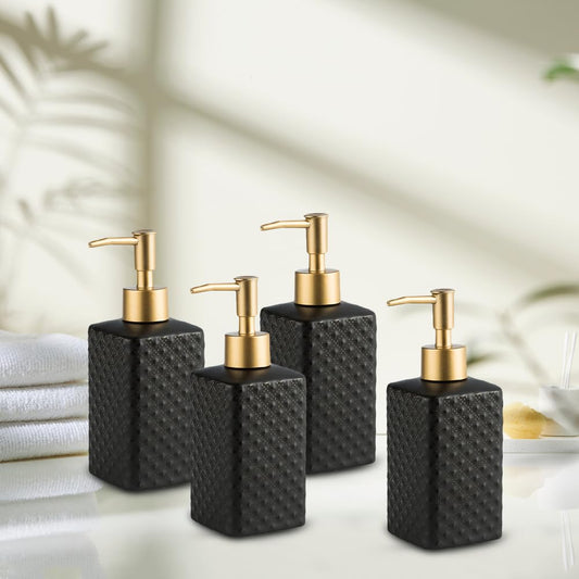 The Better Home 350ml Soap Dispenser Bottle - Black Set of 4 Ceramic Liquid Pump Dispenser for Kitchen Wash-Basin and Bathroom