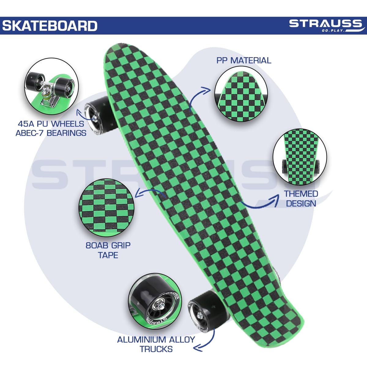 STRAUSS Cruiser Skateboard, ABEC-7 Bearings, PU Wheels with Light, Anti-Skid, 22x6", Checkered Green, Ideal for 8+ Years