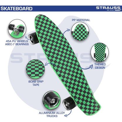 STRAUSS Cruiser Skateboard, ABEC-7 Bearings, PU Wheels with Light, Anti-Skid, 22x6", Checkered Green, Ideal for 8+ Years