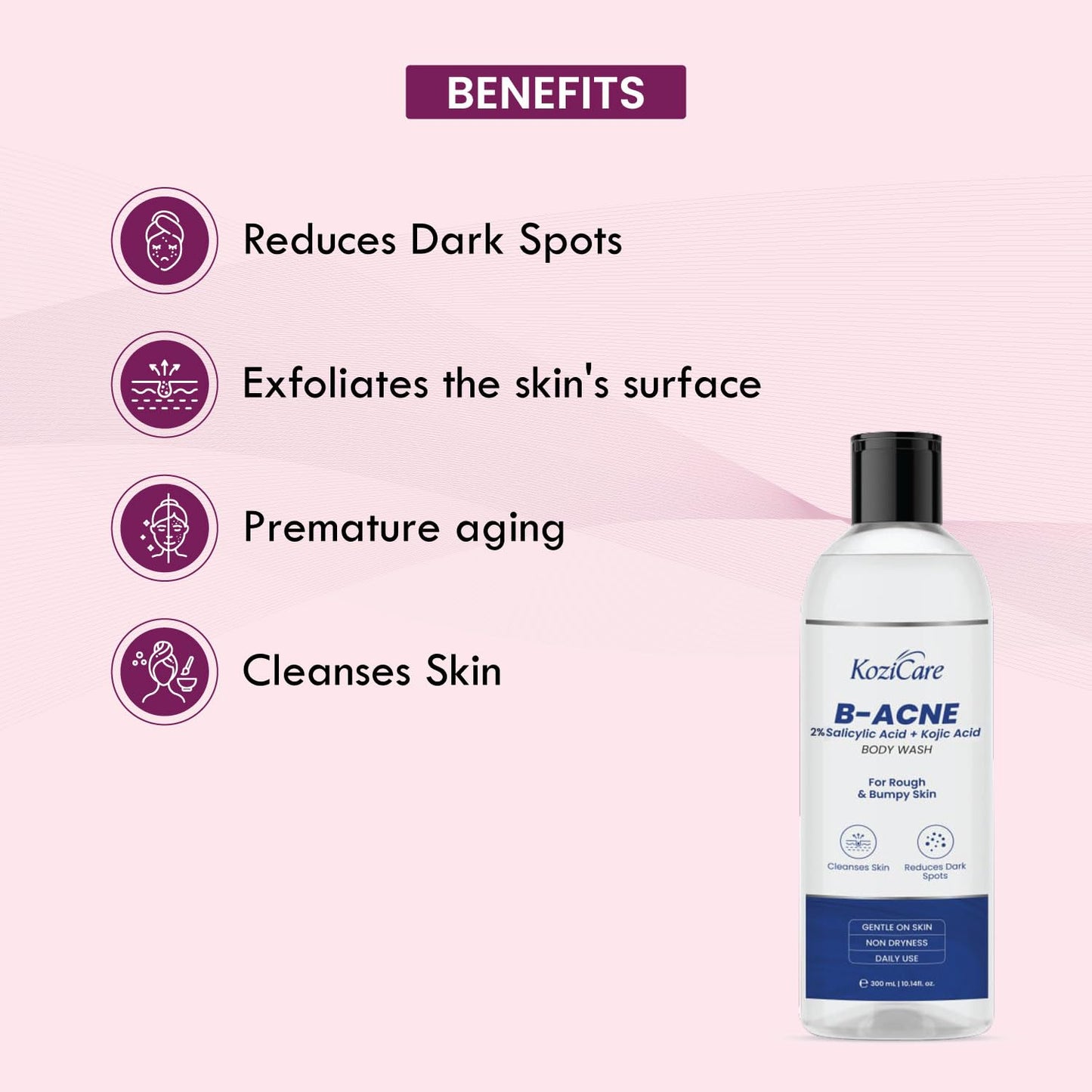 Kozicare Skin Lightening Body Wash with Kojic Acid, Niacinamide, Alpha Arbutin. Smooths skin, reduces pigmentation & dark spots. 300ml.