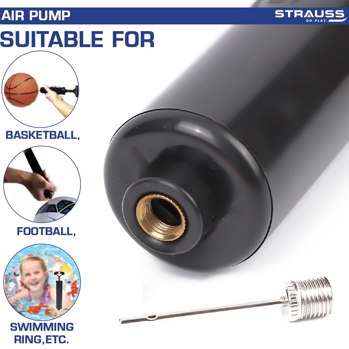 Strauss Hand Air Pump for Football, Volleyball, Basketball, Rugby, Soccer, and other inflatable balls. Includes stainless steel pin. 1 pc, Black.