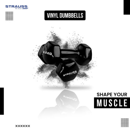 Strauss Premium Vinyl Dumbbells 0.5 Kg Each, 1 Kg Pair for Home Workout, Yoga, Pilates, Gym. Non-Slip, Easy to Hold, Scratch Resistant, Black.